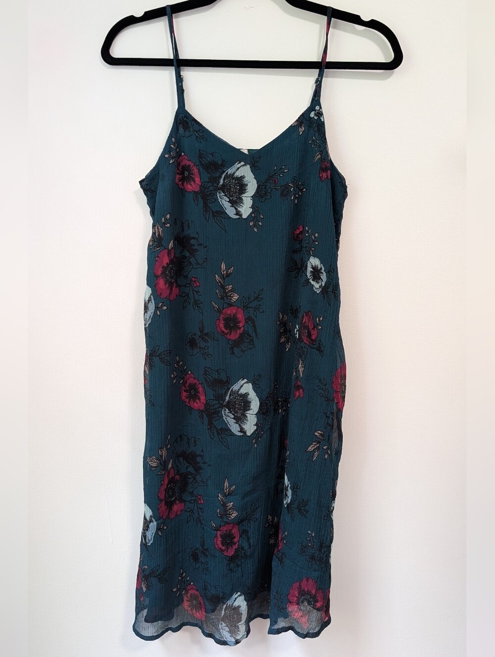 Mudd Teal Floral Midi Slip Dress with Burgundy & Cream Blooms S
